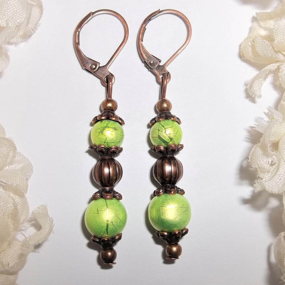 Lime Green Earrings, Boho Earrings, Copper Earrings, Green & Copper Earring 7473
